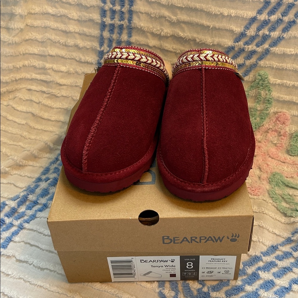 BearPaw Burgundy-Tanya -Women's Cozy Slippers with Decorative Trim 8 Wide